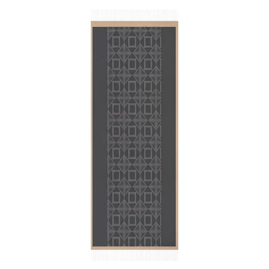 Dark gray tassel scarf with geometric floral pattern and beige borders