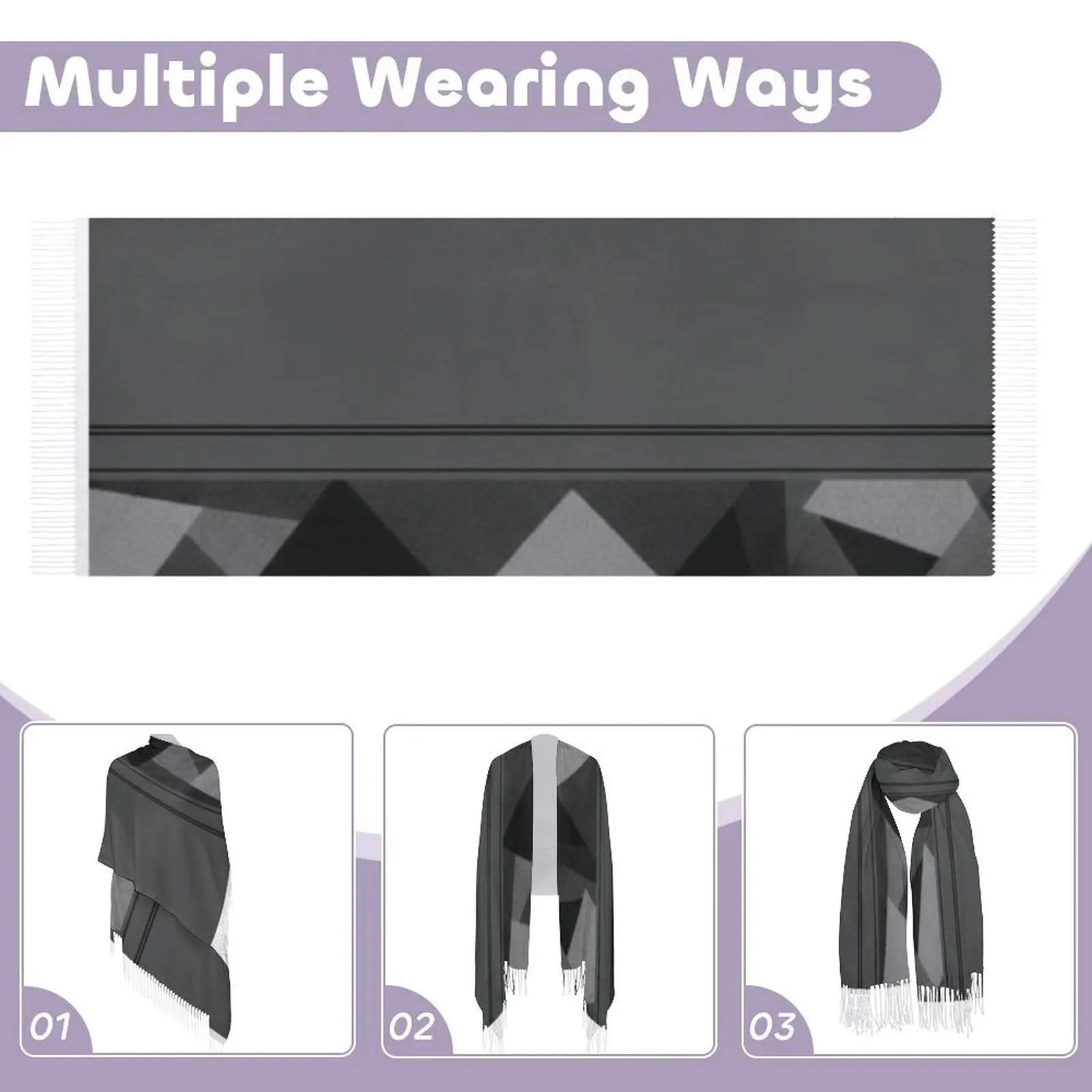 Gray tassel scarf with geometric patterns shown in three different wearing styles