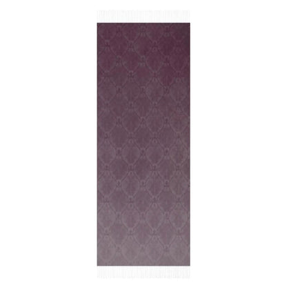 Plum purple tassel scarf with subtle diamond pattern and fringe edges