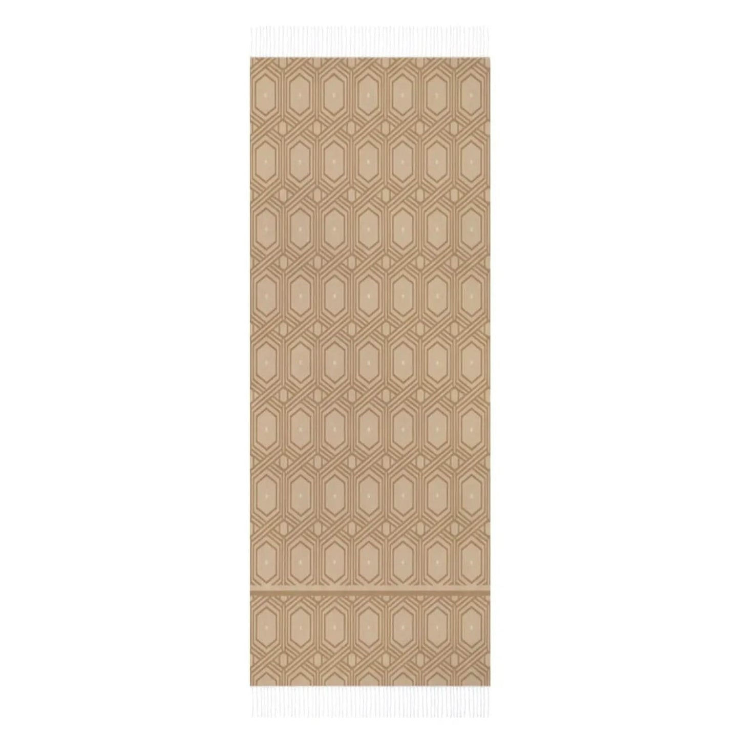 beige tassel scarf with geometric hexagon pattern in light brown and white fringes
