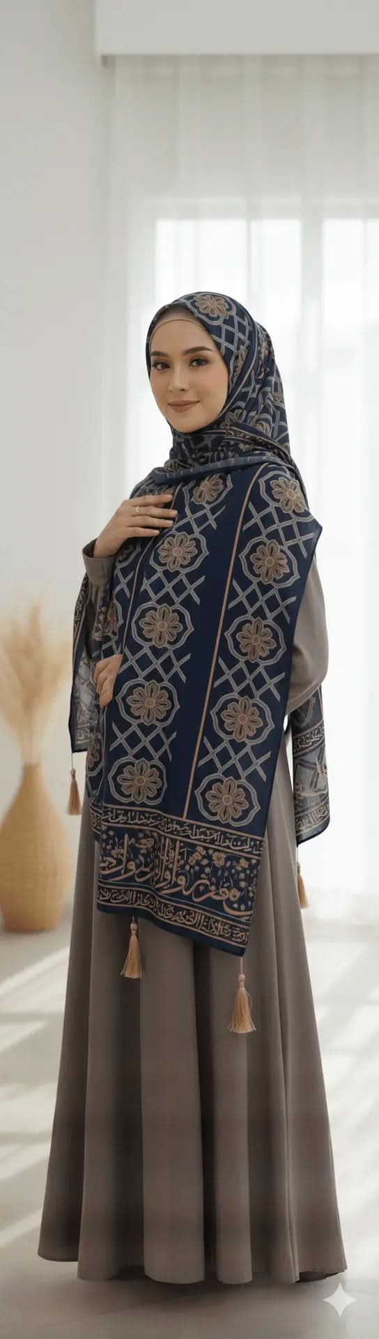 Woman wearing navy blue tassel scarf with floral and geometric patterns and taupe abaya in bright room