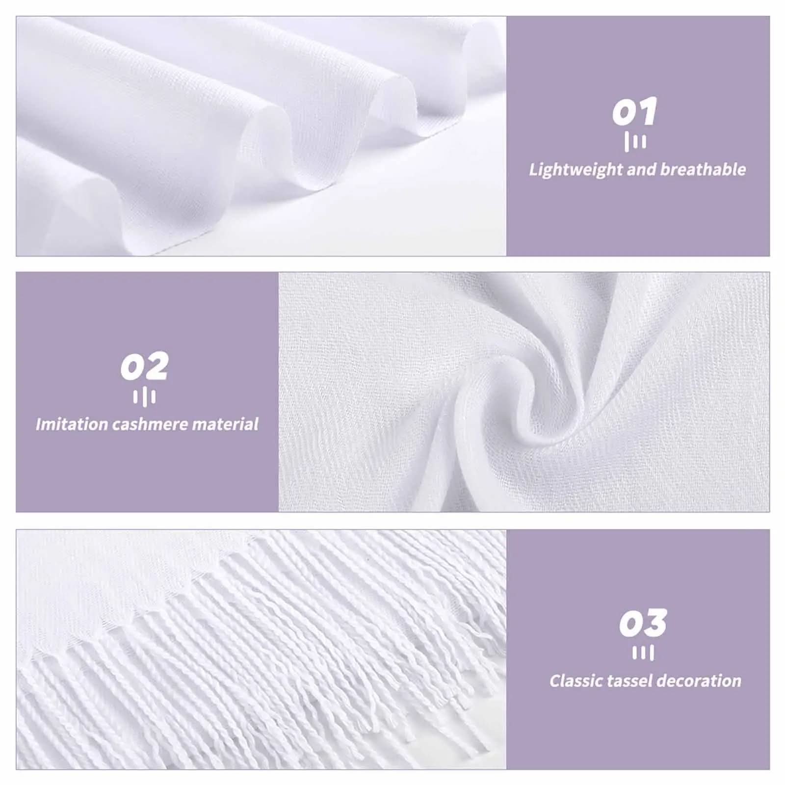 White imitation cashmere scarf with lightweight breathable fabric and classic tassel decoration