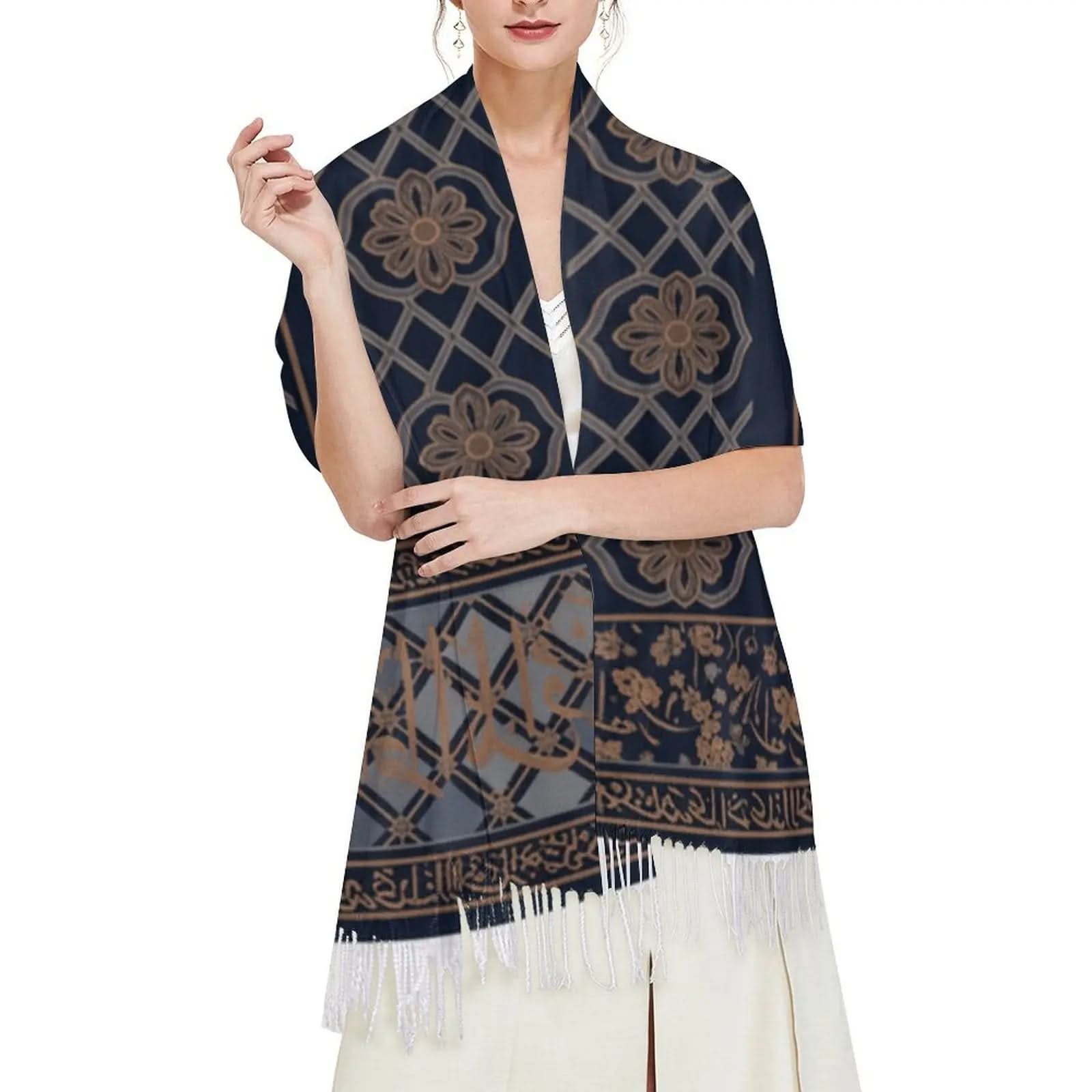 Woman wearing navy blue scarf with floral and geometric patterns and white tassels