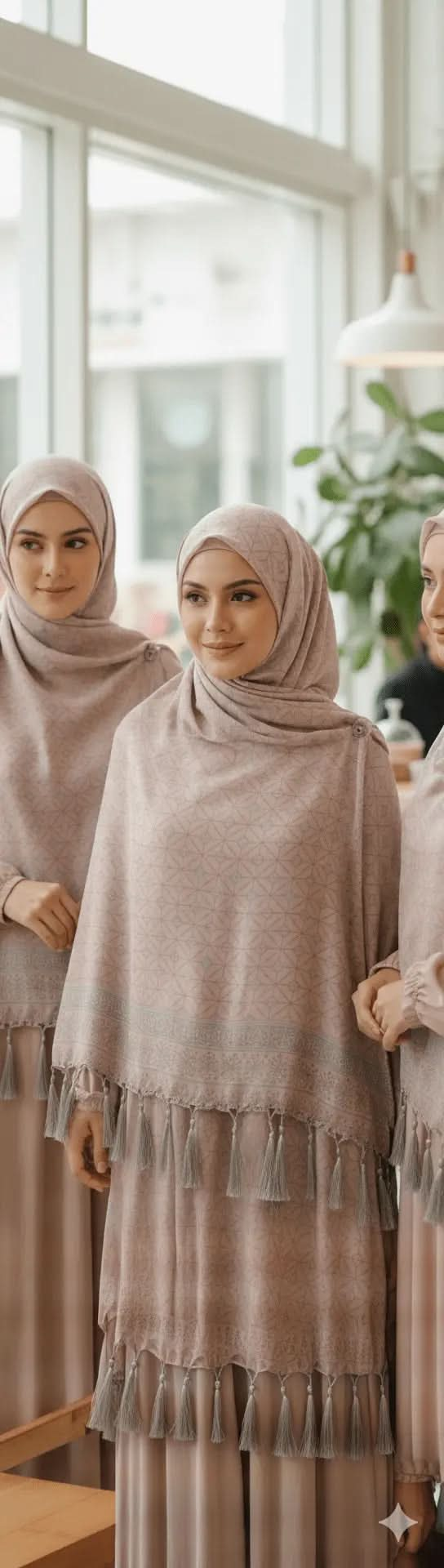 Three women wearing light brown tassel scarves with geometric patterns in a bright modern room