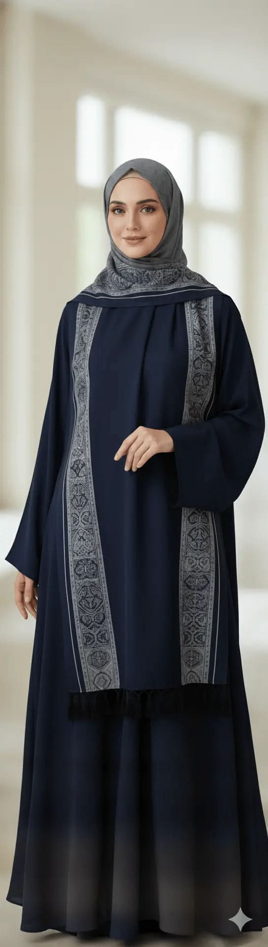 Woman wearing navy blue abaya with gray patterned detailing and tassel scarf indoors