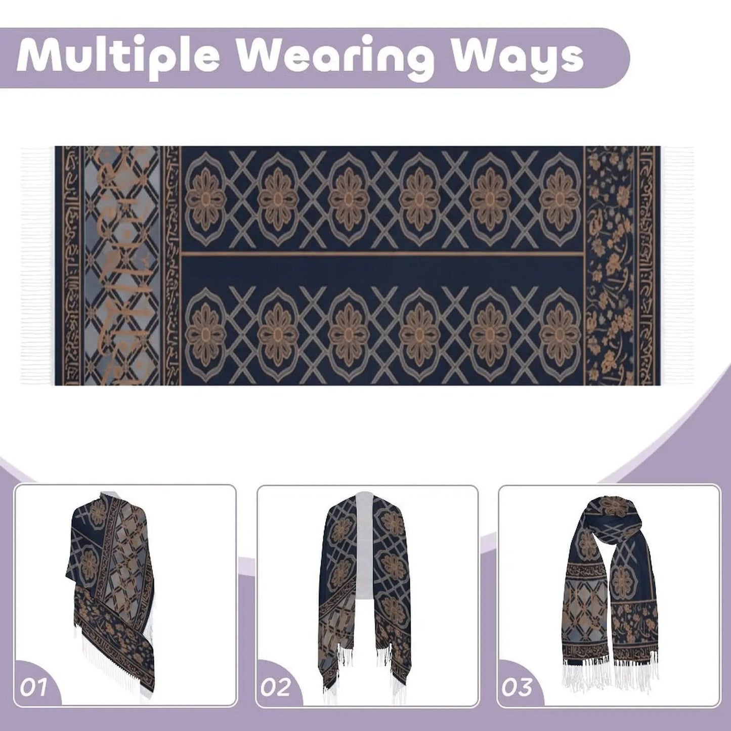 Navy blue scarf with beige floral and geometric patterns, shown in three wearing styles