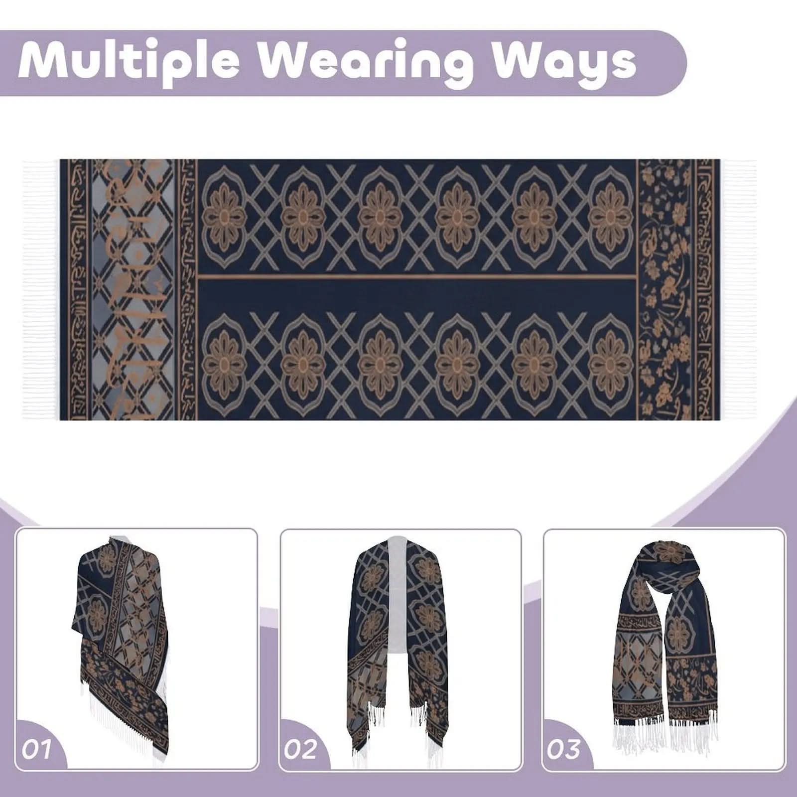 Navy blue scarf with beige floral and geometric patterns, shown in three wearing styles