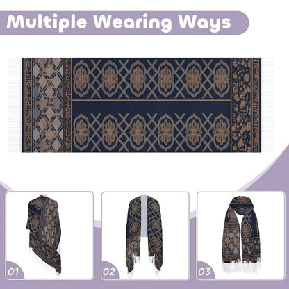 Navy blue scarf with beige floral and geometric patterns, shown in three wearing styles