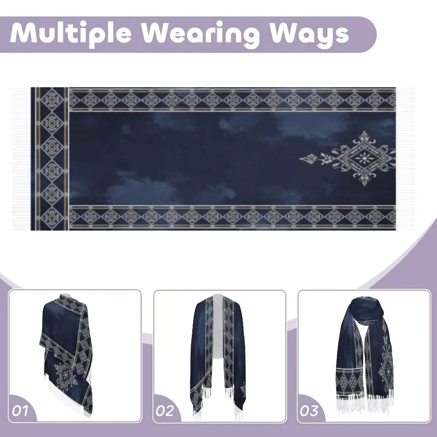Dark blue tassel scarf with intricate geometric border and floral pattern, shown in three wearing styles