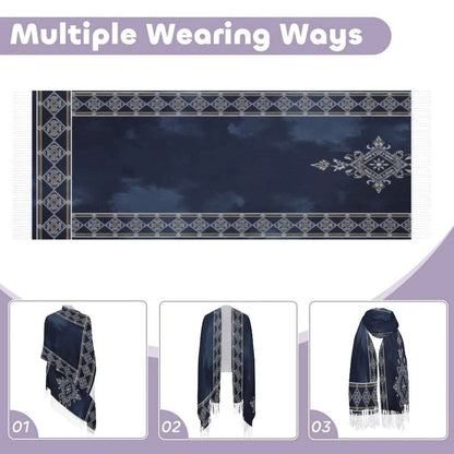 Dark blue tassel scarf with intricate geometric border and floral pattern, shown in three wearing styles