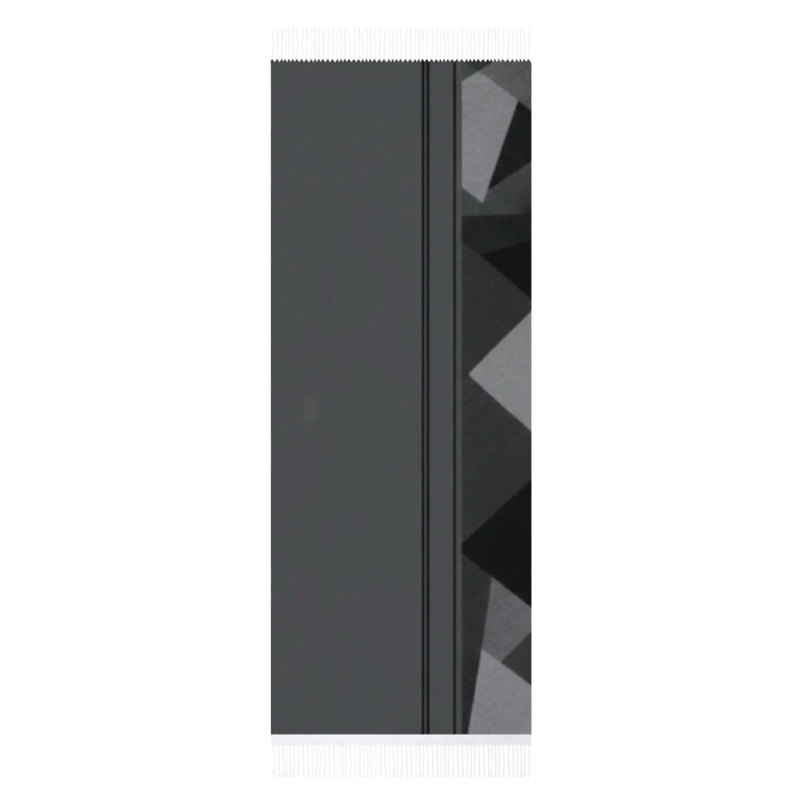 Dark gray tassel scarf with geometric black and gray triangle pattern on one side
