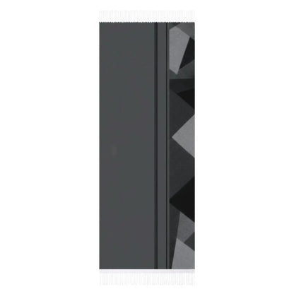 Dark gray tassel scarf with geometric black and gray triangle pattern on one side