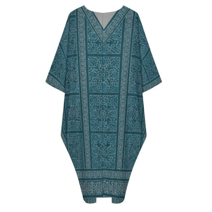 Teal and gray patterned V-neck kaftan dress with loose sleeves and geometric design