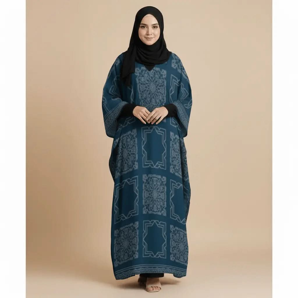 Woman wearing blue patterned V-neck kaftan dress with black hijab and nude sandals on beige background