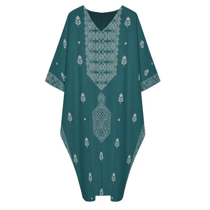 Teal V-neck kaftan dress with white intricate floral and geometric patterns
