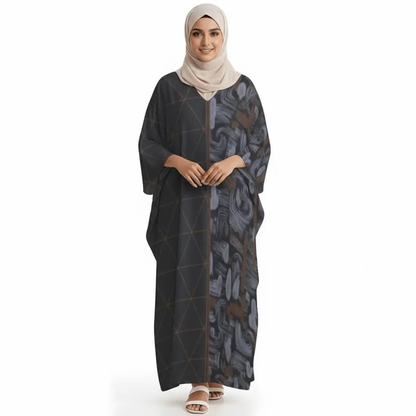 Woman in beige hijab wearing a black V-neck kaftan dress with geometric and abstract patterns