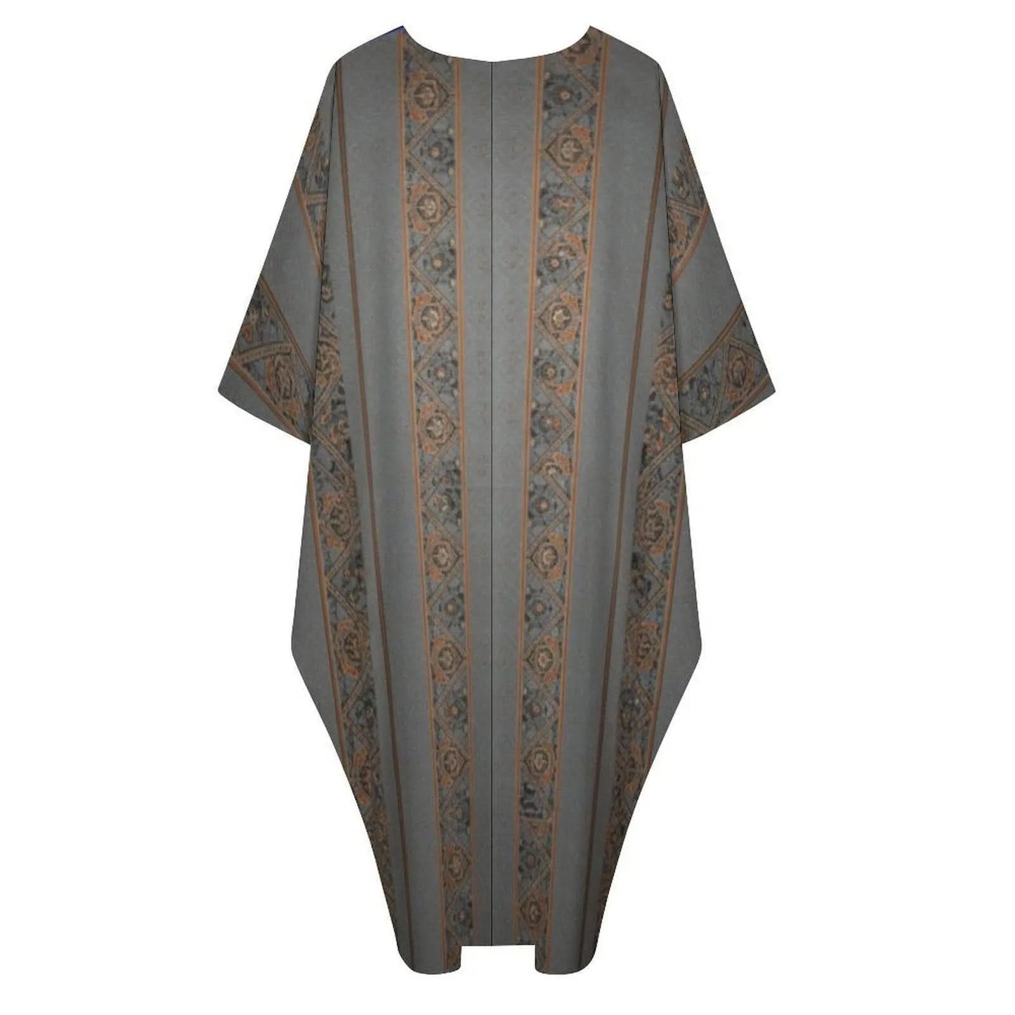 Gray V-neck kaftan dress with orange and black vertical floral geometric patterns