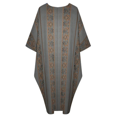 Gray V-neck kaftan dress with orange and black vertical floral geometric patterns