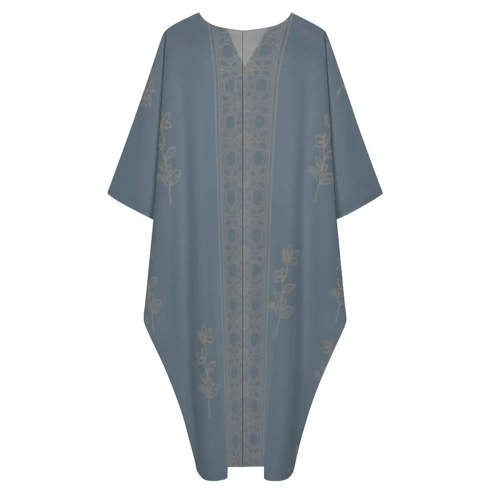 Blue V-neck kaftan dress with beige floral and geometric patterns, loose fit and elbow-length sleeves