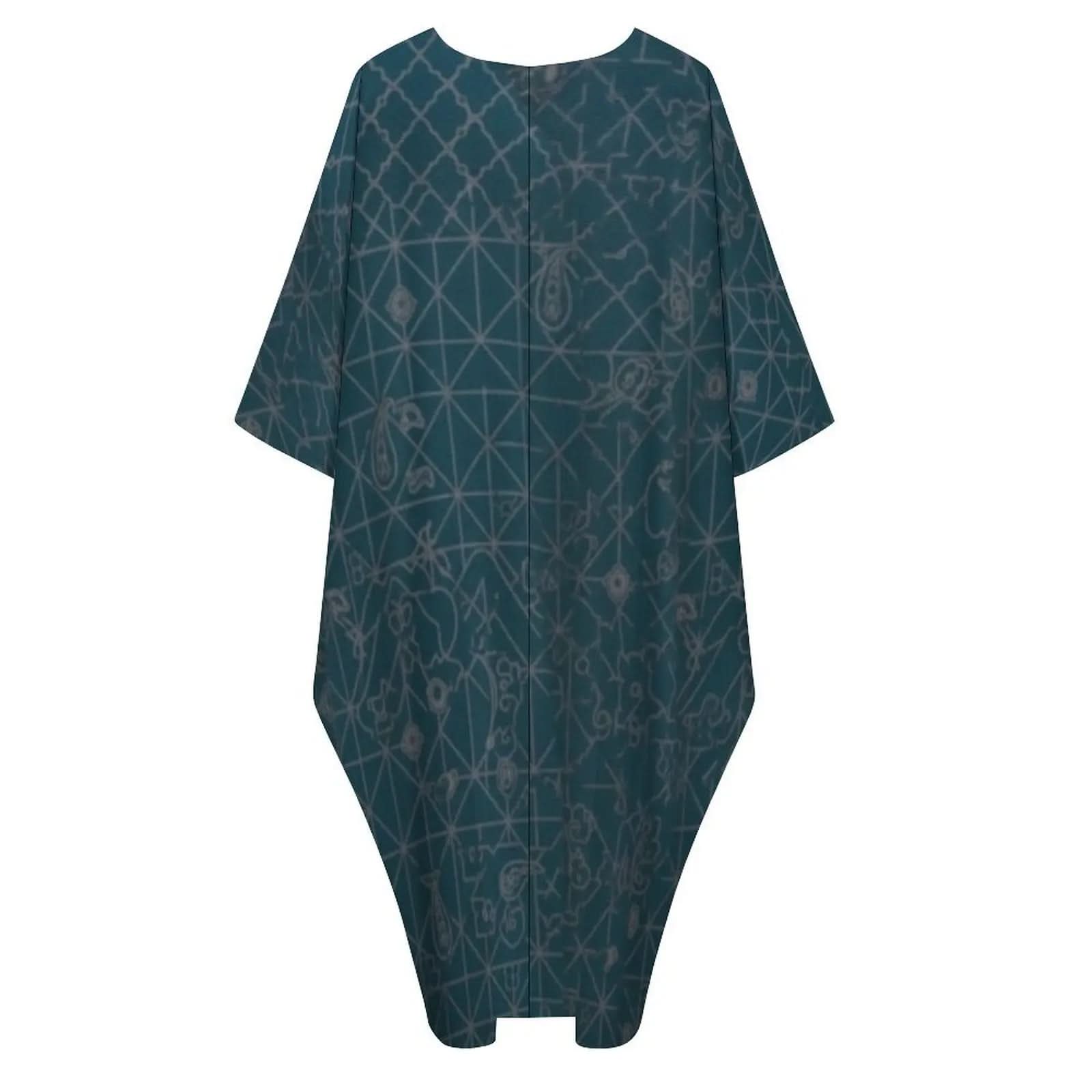 Dark teal kaftan dress with short sleeves and abstract geometric pattern