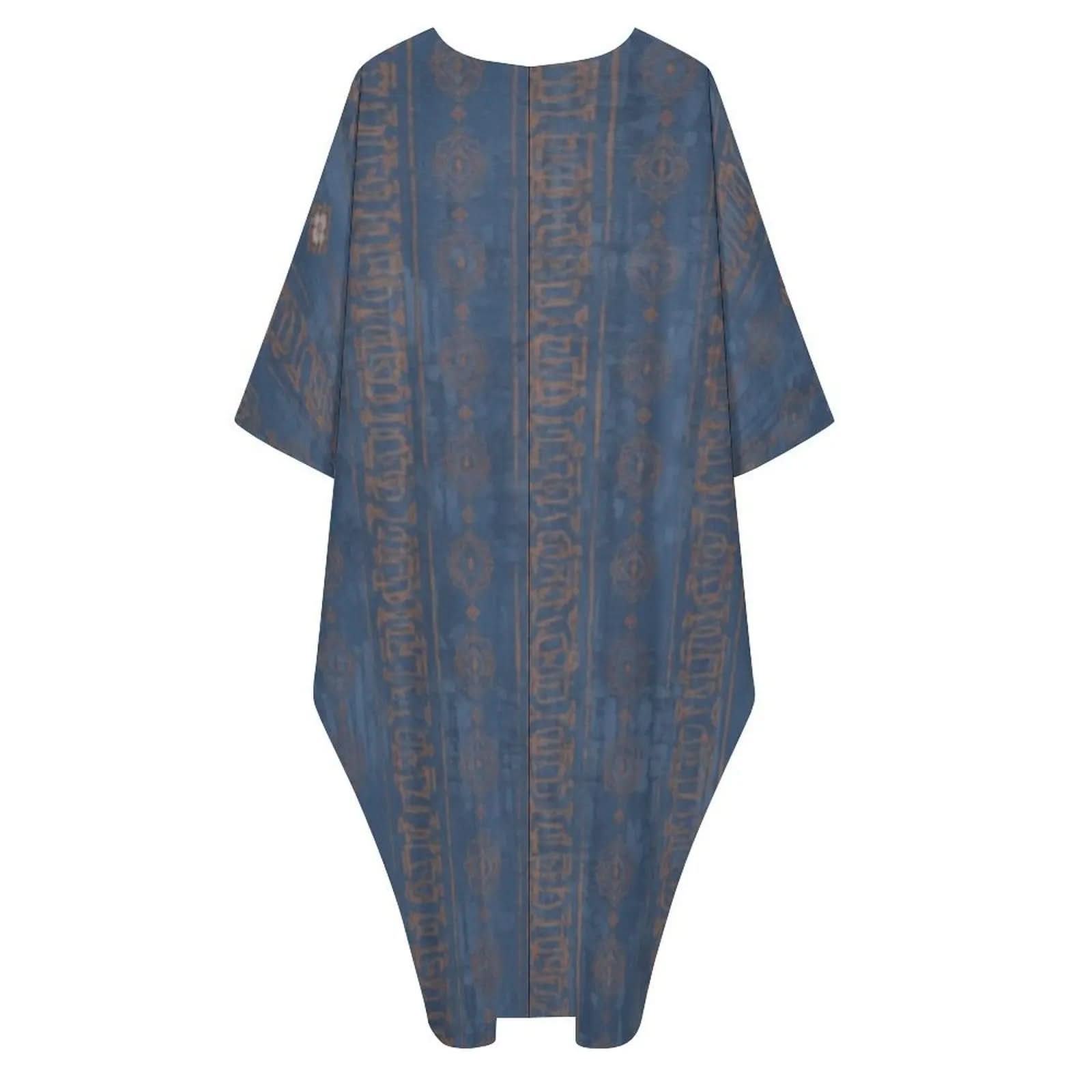 Blue V-neck kaftan dress with brown tribal vertical patterns and loose sleeves