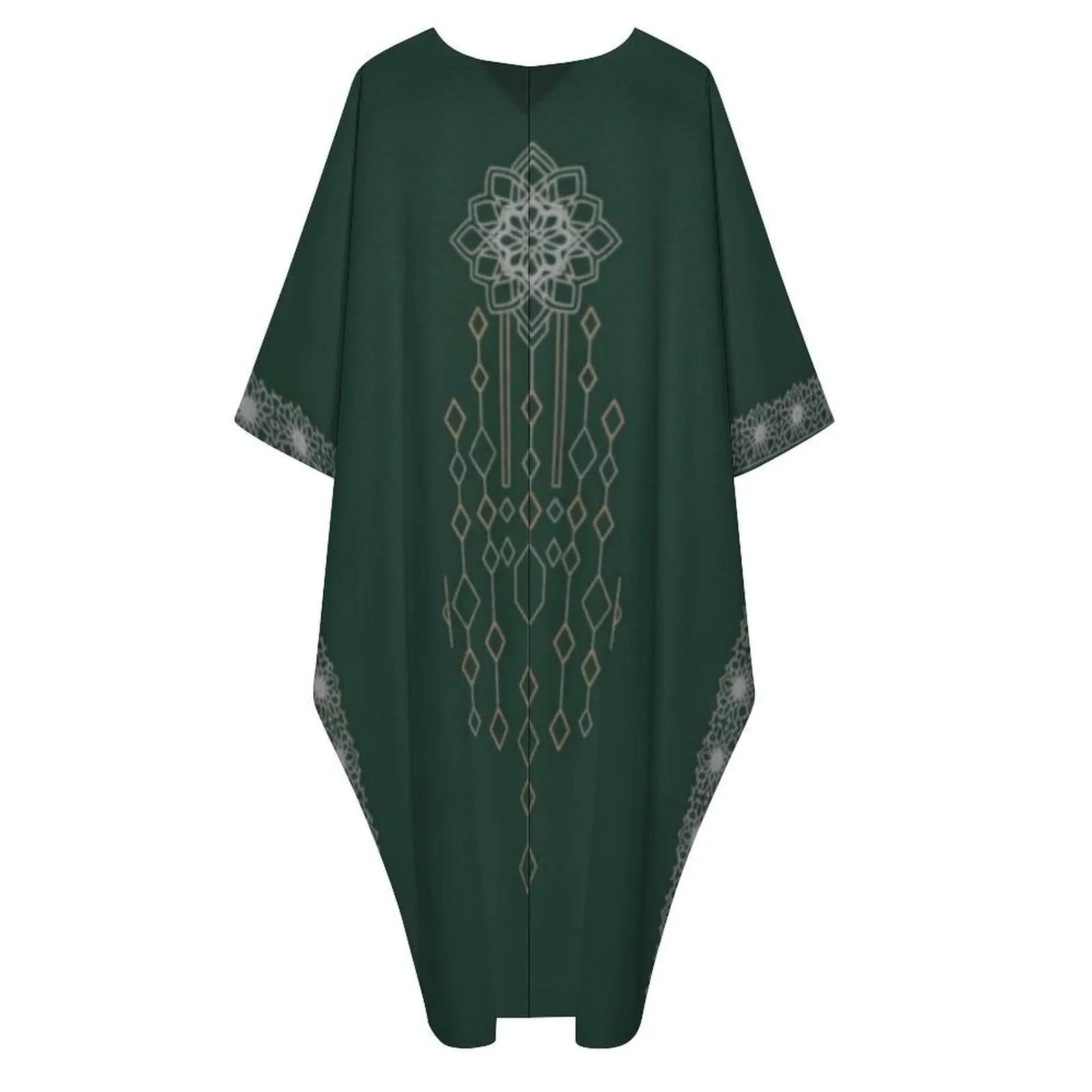 Dark green V-neck kaftan dress with geometric and floral designs on front and sleeves