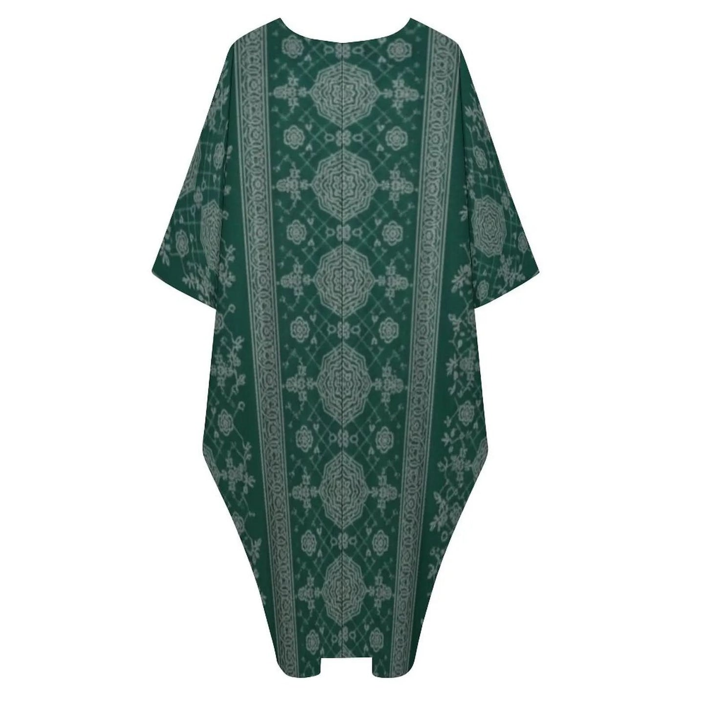 Green v-neck kaftan dress with intricate white floral and geometric patterns