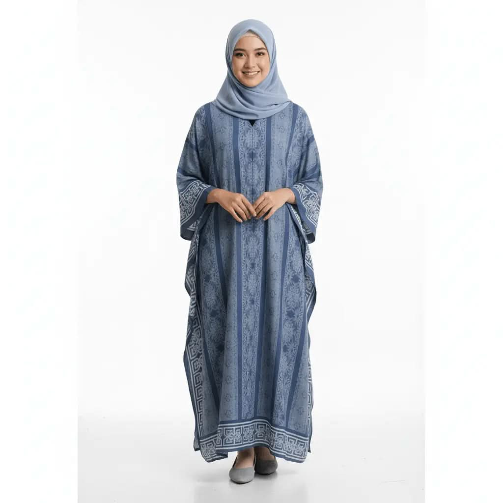 Woman wearing blue patterned V-neck kaftan dress and matching hijab on white background