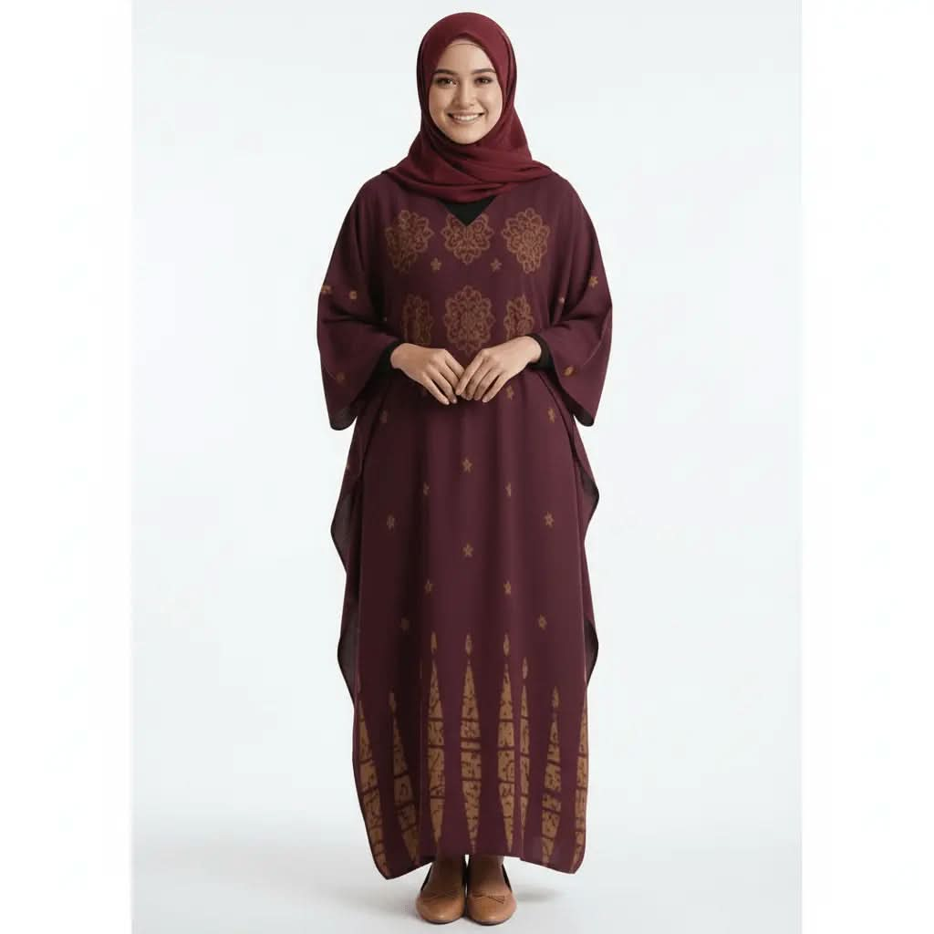 Smiling woman wearing maroon V-neck kaftan dress with gold patterns and matching hijab