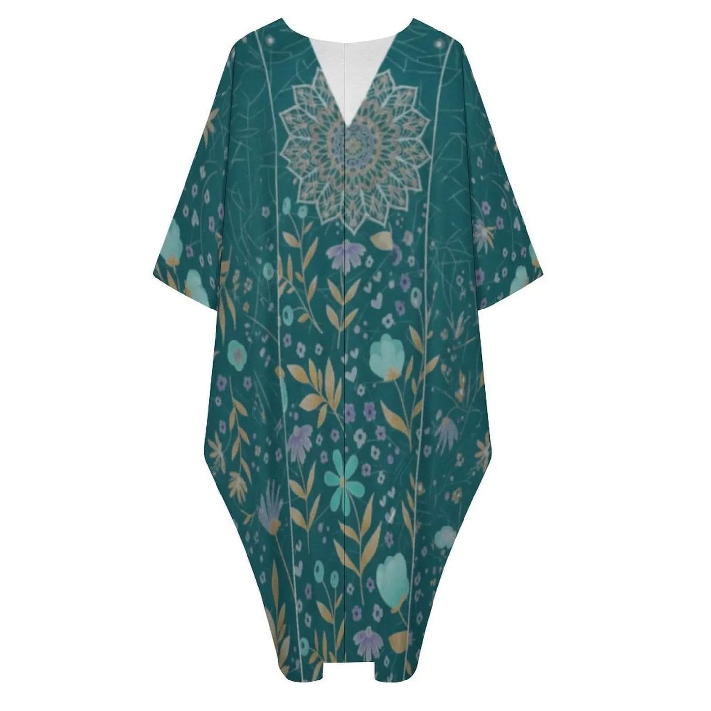 Teal floral V-neck kaftan dress with gold and purple botanical patterns