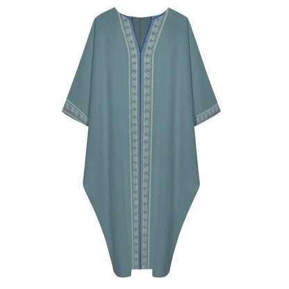 Light blue V-neck kaftan dress with geometric border patterns down front and sleeves