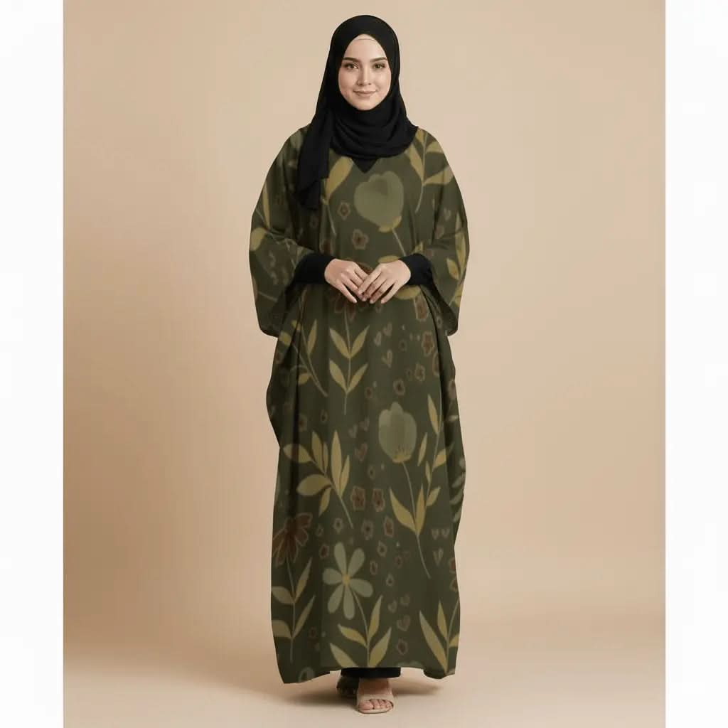 Woman wearing olive green floral print V-neck kaftan dress with black hijab and sandals