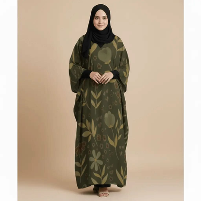Woman wearing olive green floral print V-neck kaftan dress with black hijab and sandals
