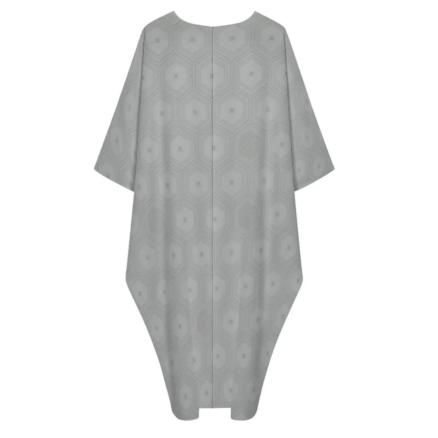 Gray V-neck kaftan dress with hexagonal geometric pattern, loose fit and wide sleeves
