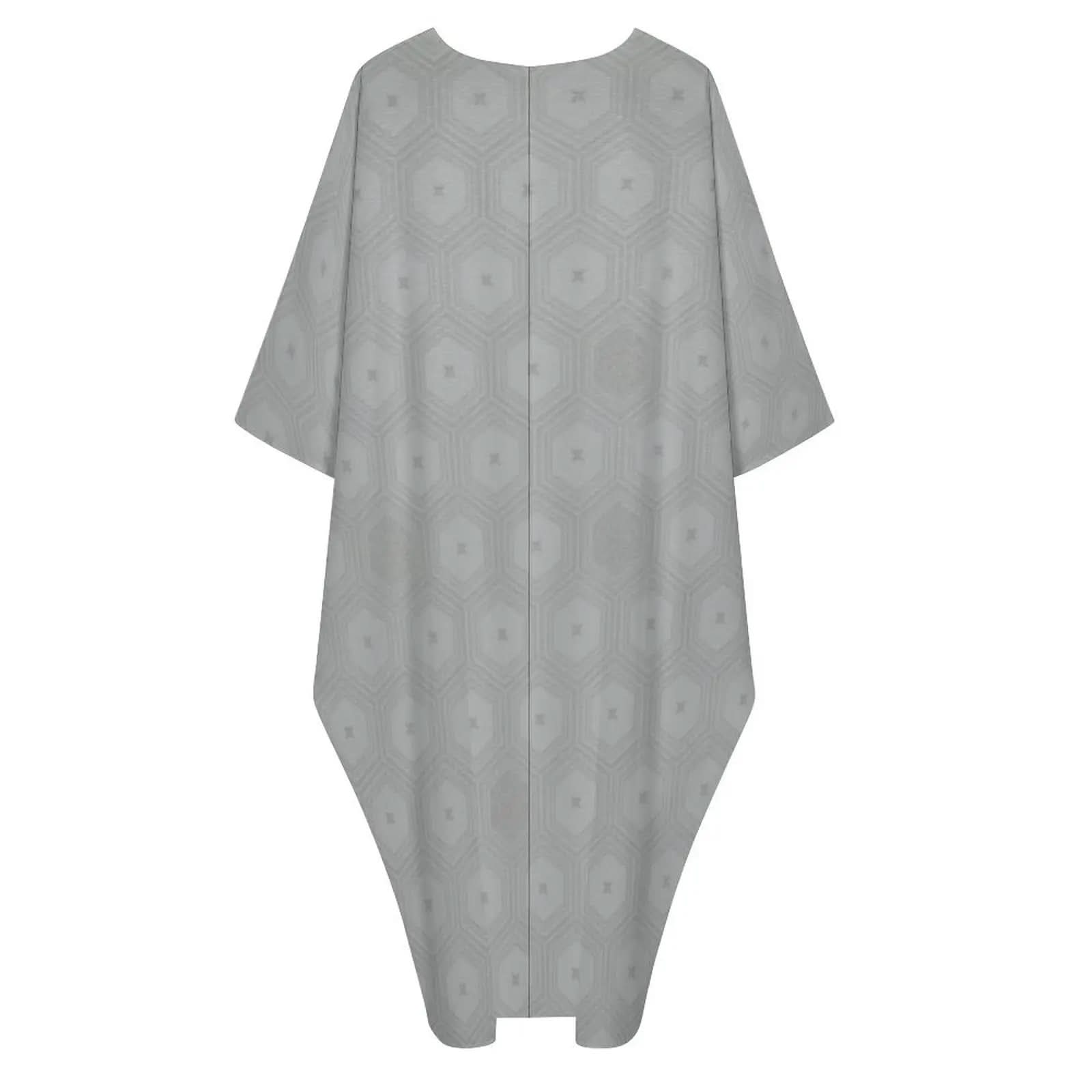 Gray V-neck kaftan dress with hexagonal geometric pattern, loose fit and wide sleeves
