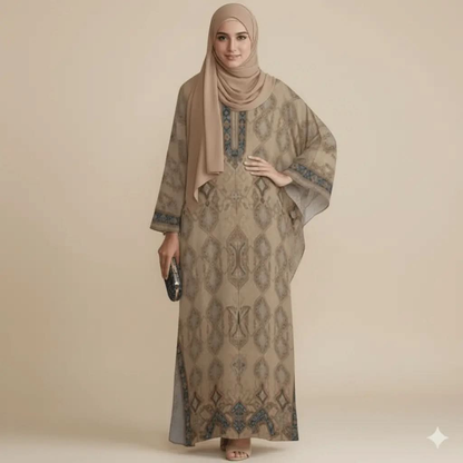 Woman wearing beige patterned V-neck kaftan dress with matching hijab and holding clutch bag
