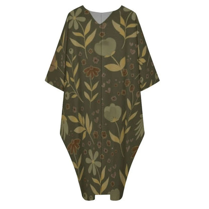 V-neck kaftan dress with olive green base and yellow, brown floral print pattern