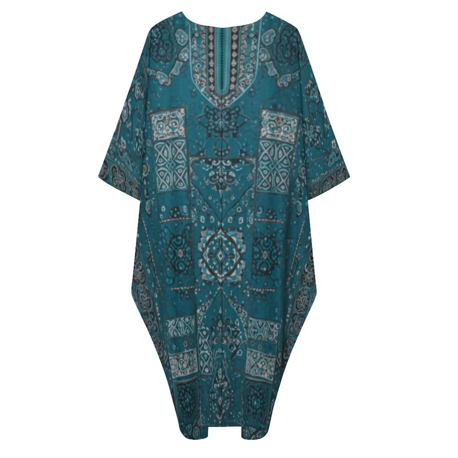 Teal blue v-neck kaftan dress with intricate geometric and floral patterns