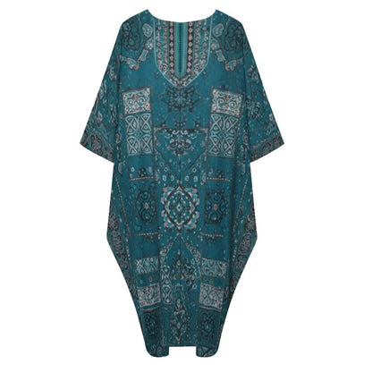 Teal blue v-neck kaftan dress with intricate geometric and floral patterns