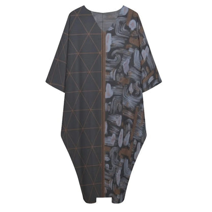 Dark gray v-neck kaftan dress with geometric triangle patterns and abstract brushstroke design