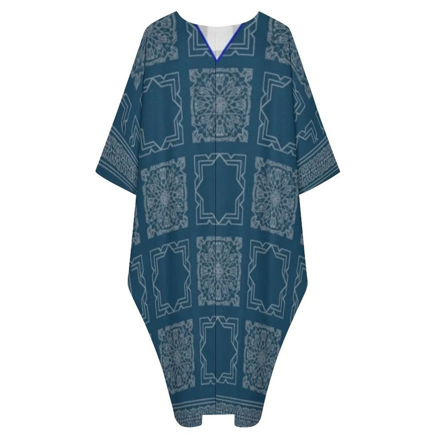 Blue V-neck kaftan dress with geometric and floral patterns, short sleeves, and loose fit