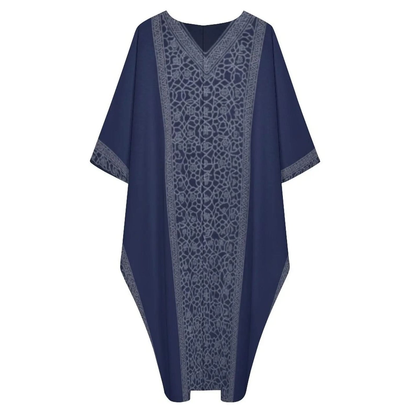 Navy blue v-neck kaftan dress with intricate gray floral embroidery down the front and on sleeves