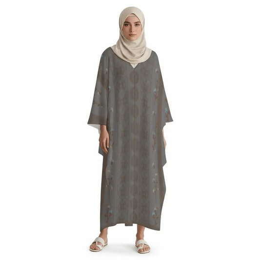 Woman wearing a gray v-neck kaftan dress with brown and blue floral patterns and a beige hijab