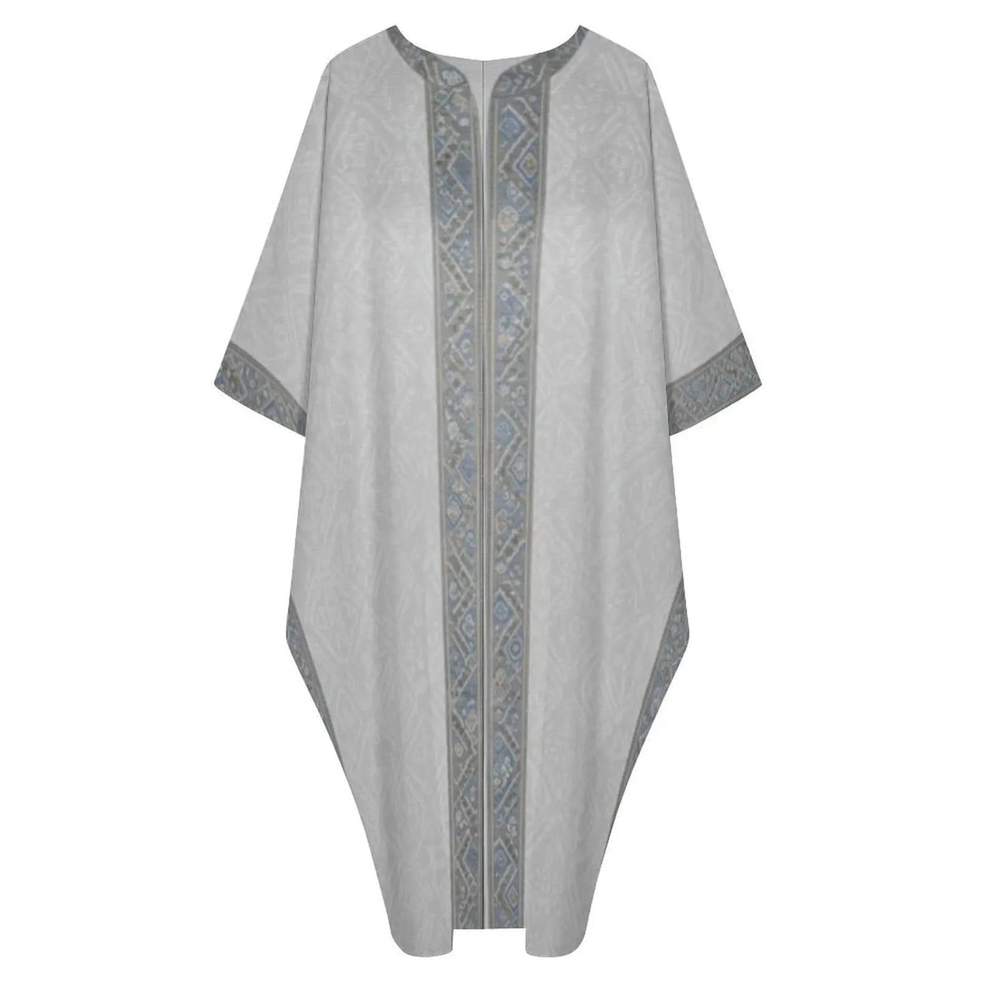 Light gray v-neck kaftan dress with blue and gray geometric trim down front and sleeves