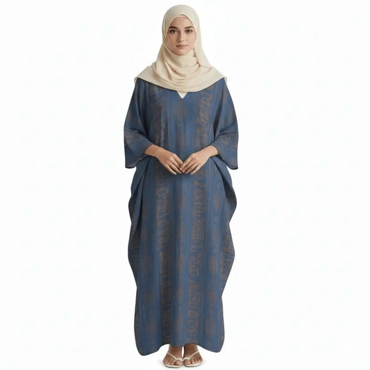 Woman wearing blue patterned design V-neck kaftan dress with beige hijab and sandals