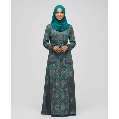 InterestPrint Long Sleeve High Neck Long Dress Polyester Spandex All Over Print