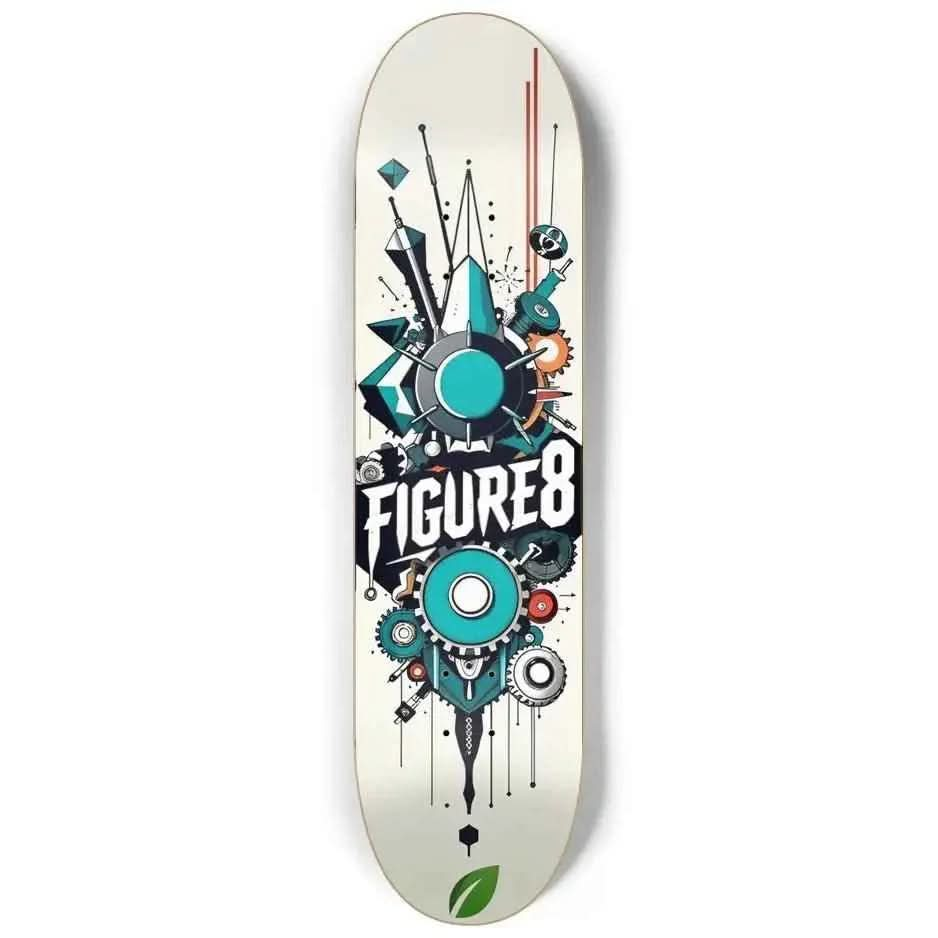 White skateboard deck with abstract mechanical design and bold FIGURE8 text in blue and black
