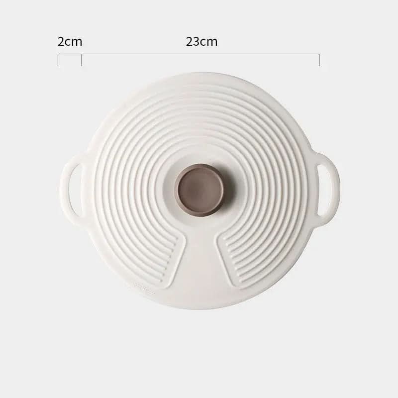White food-grade silicone round fresh-keeping cover with handles and central knob, 23cm diameter