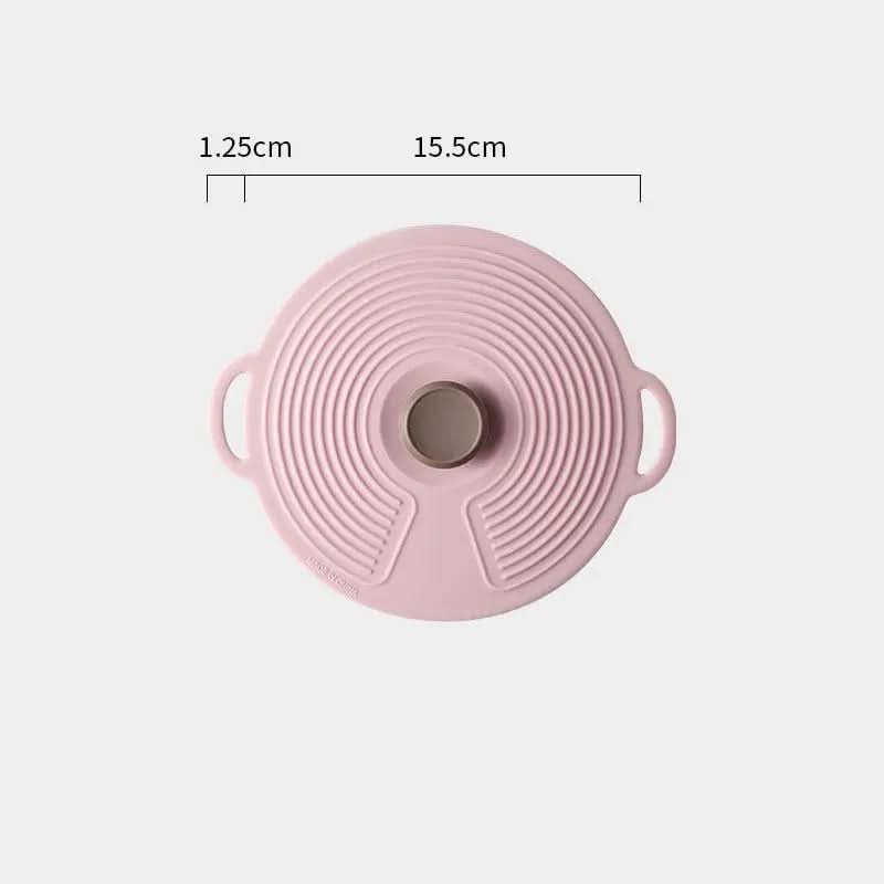 Pink round food-grade silicone cover with handles and central knob, 15.5cm diameter