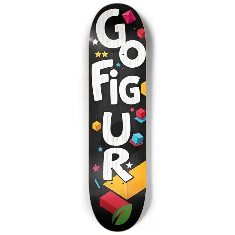 Black skateboard deck with white text Go Figure and colorful geometric shapes and stars